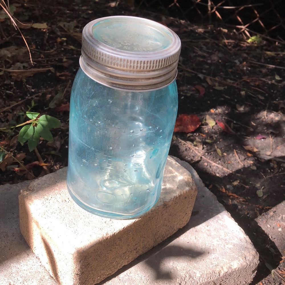 Crown 7 inch antique teal glass canning jar